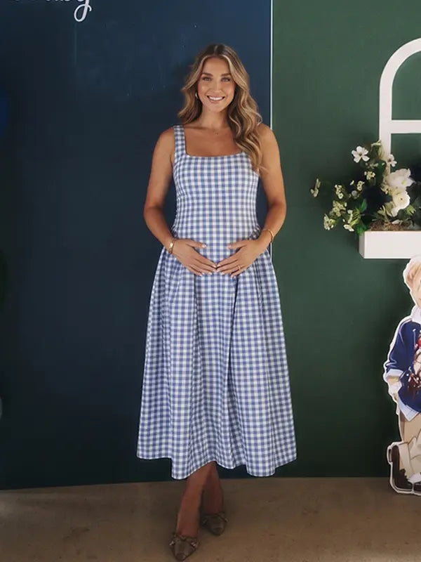 Denim Blue Gingham Maternity Midi Dress — Spaghetti Strap Pregnancy Gown