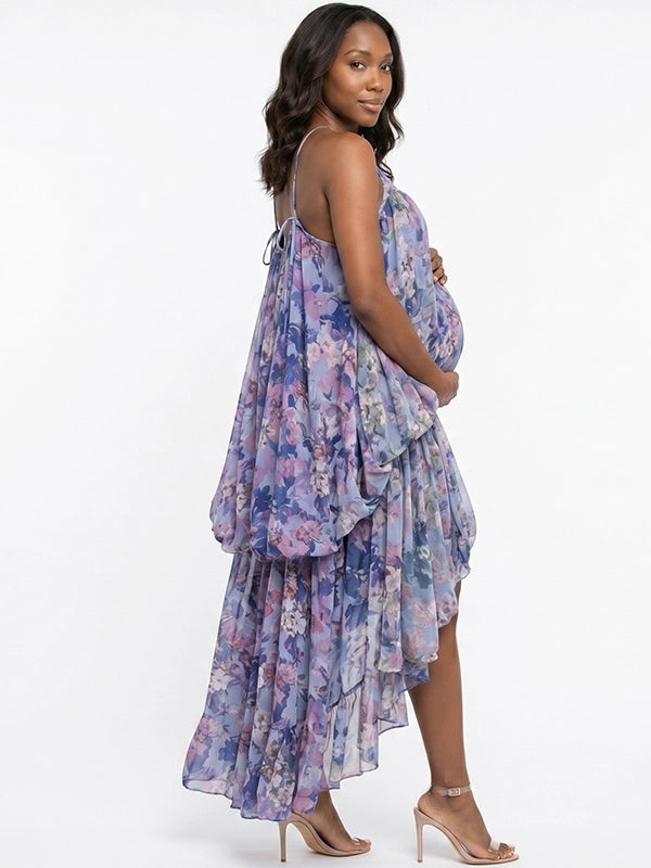 Dusty Purple Floral Halter High-Low Bubble Maternity Dress