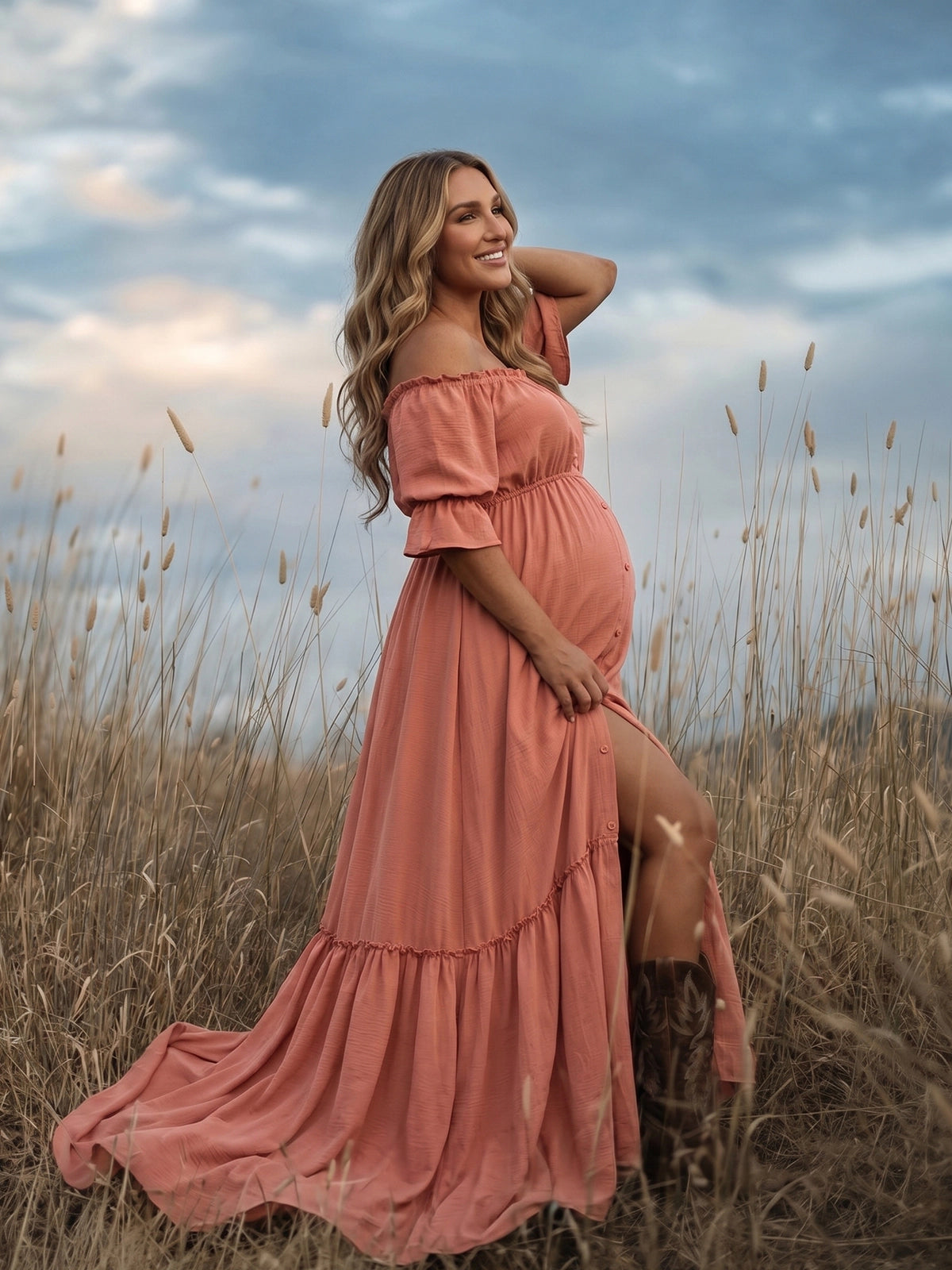 Dusty Rose Boho Front Slit Maternity Dress for Photoshoot