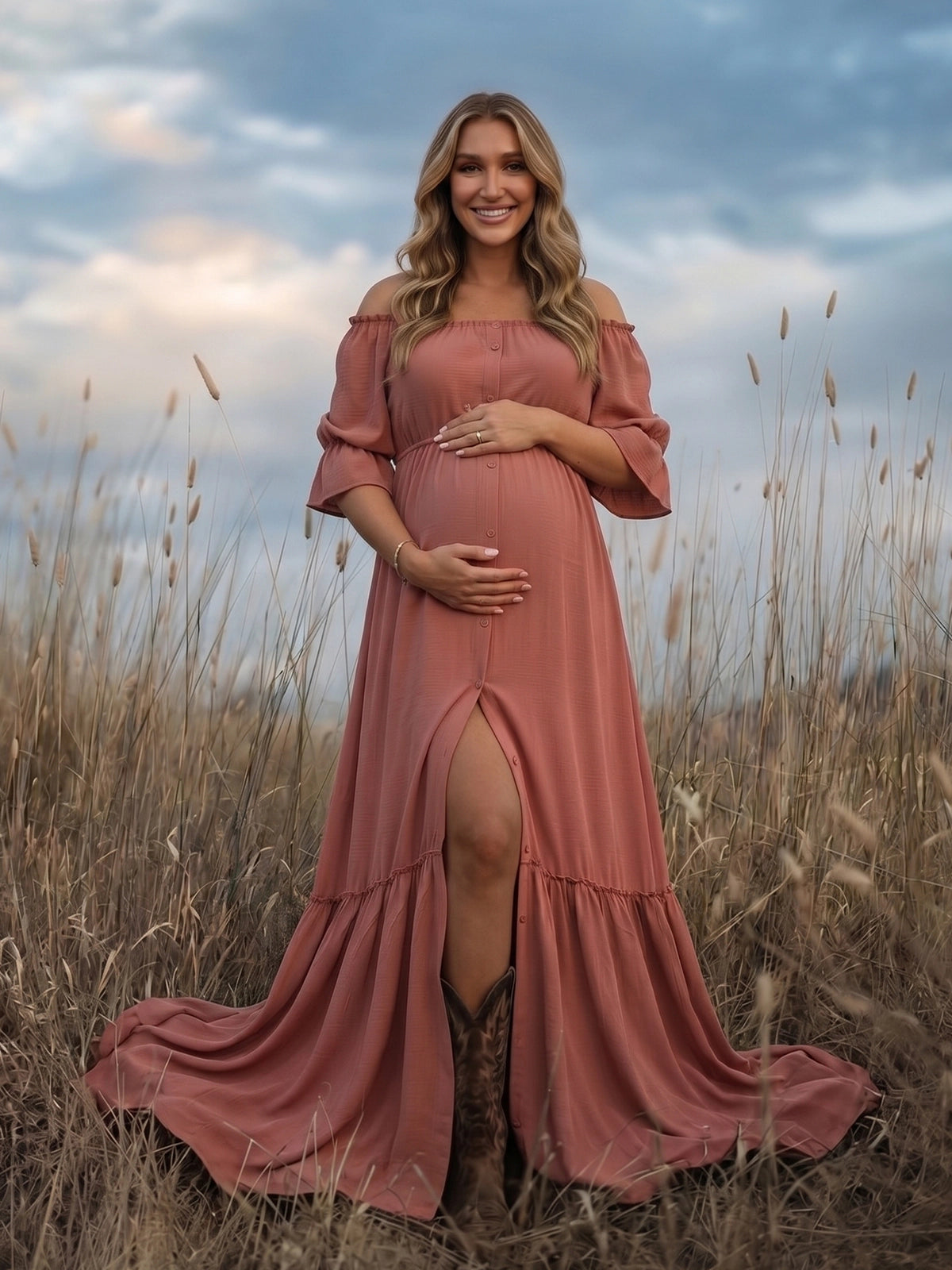 Dusty Rose Boho Front Slit Maternity Dress for Photoshoot