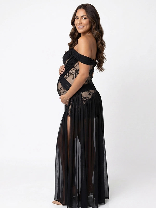Elegant Black Lace Off Shoulder Maternity Maxi Gown with High Slit