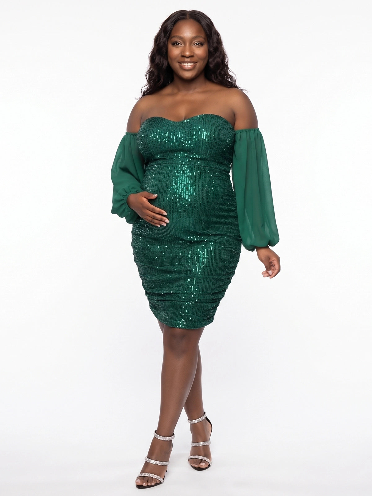 Emerald Green Sequin Off Shoulder Plus Size Maternity Mini Dress with Chiffon Sleeves