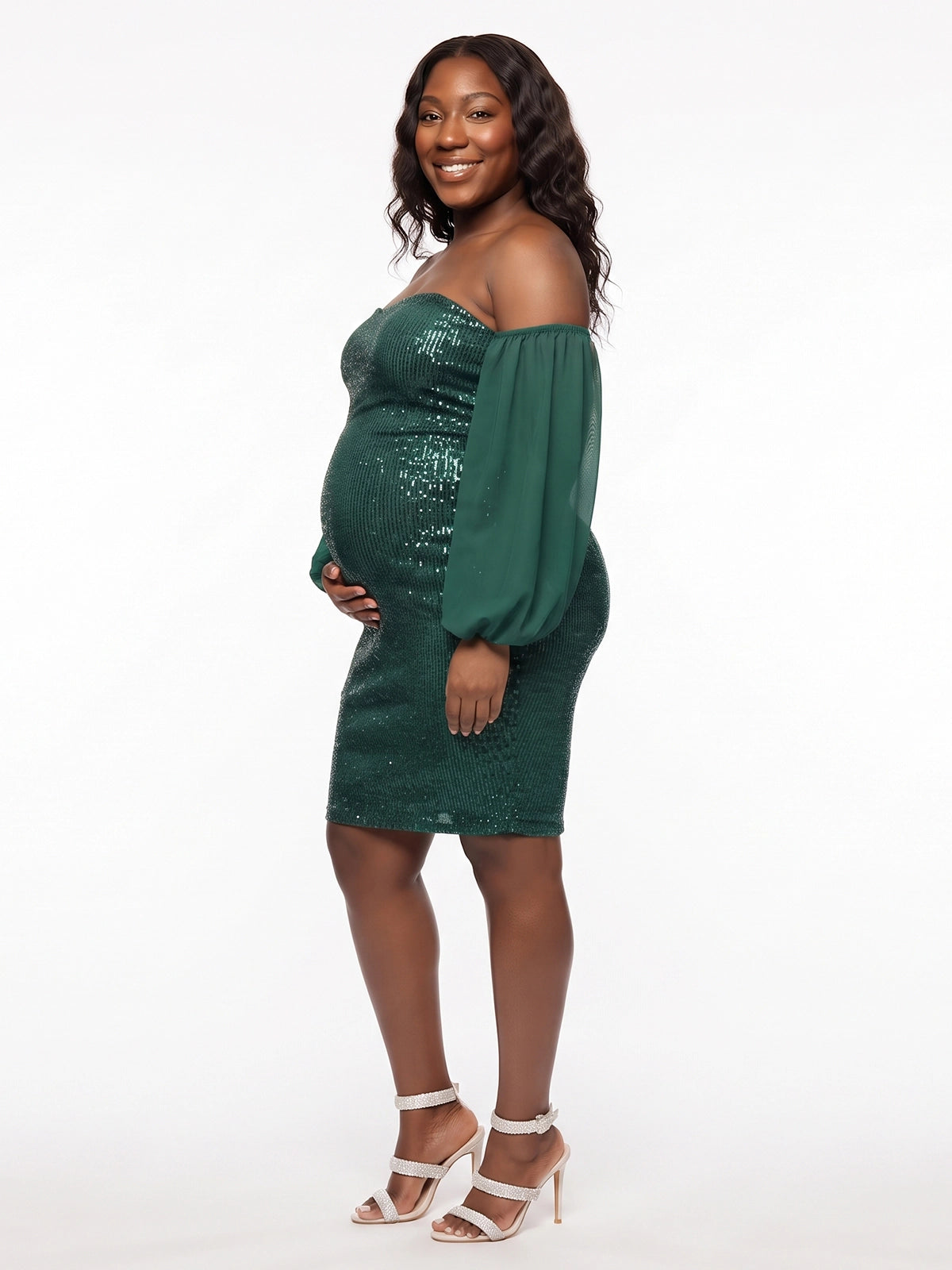 Emerald Green Sequin Off Shoulder Plus Size Maternity Mini Dress with Chiffon Sleeves