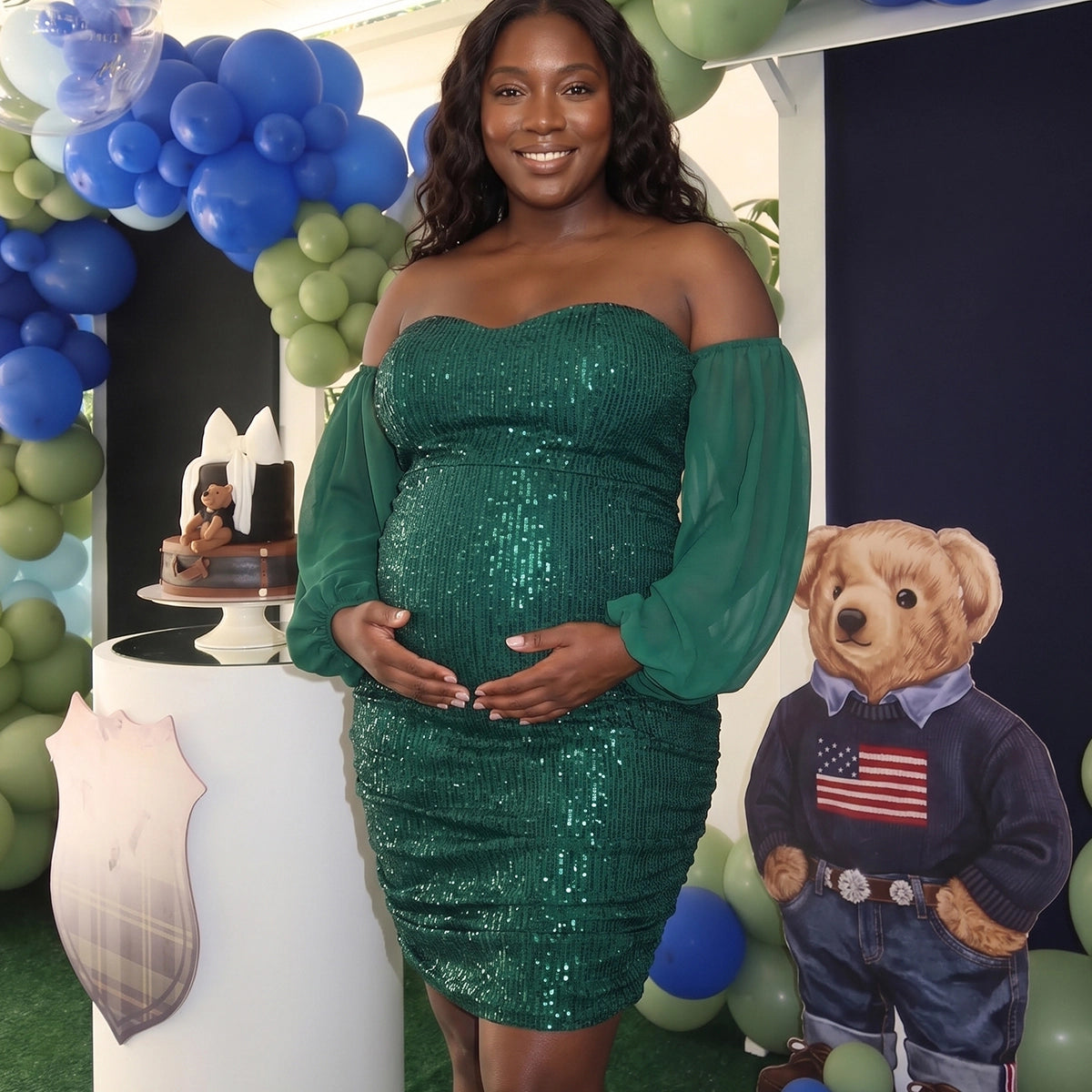 Emerald Green Sequin Off Shoulder Plus Size Maternity Mini Dress with Chiffon Sleeves