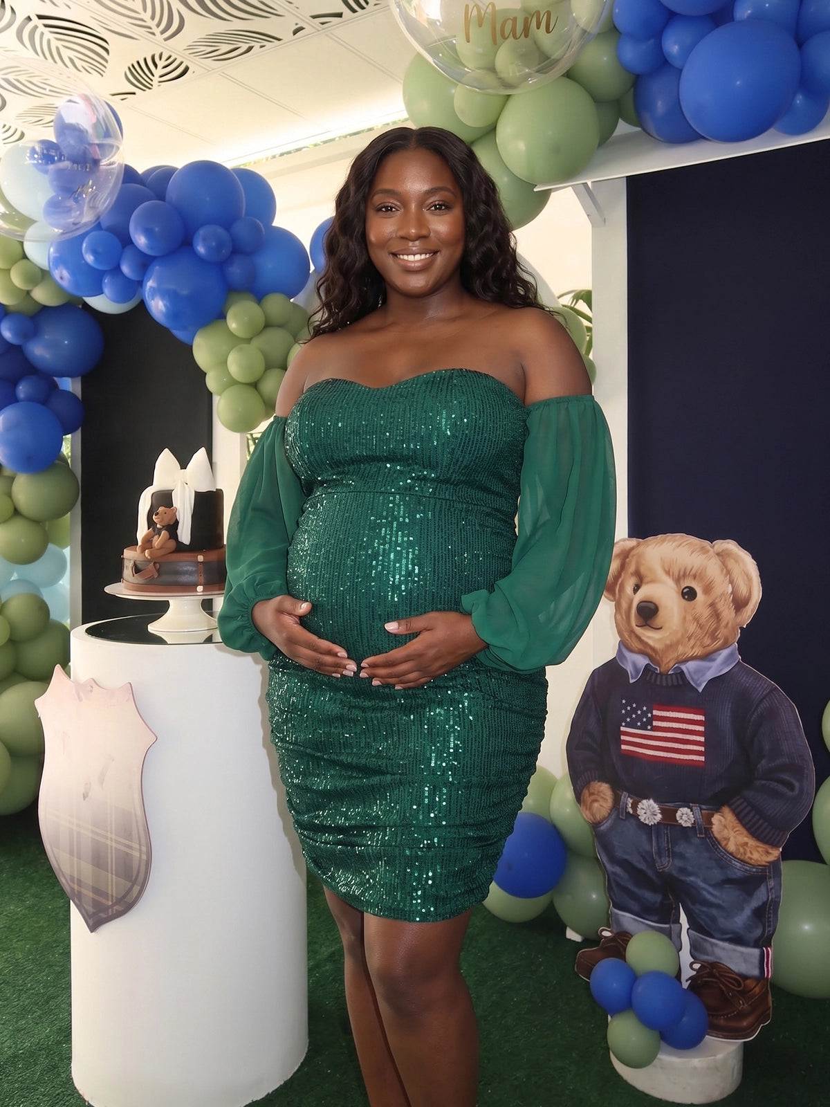 Emerald Green Sequin Off Shoulder Plus Size Maternity Mini Dress with Chiffon Sleeves