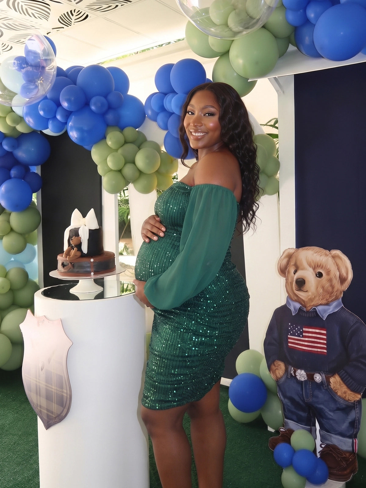 Emerald Green Sequin Off Shoulder Plus Size Maternity Mini Dress with Chiffon Sleeves