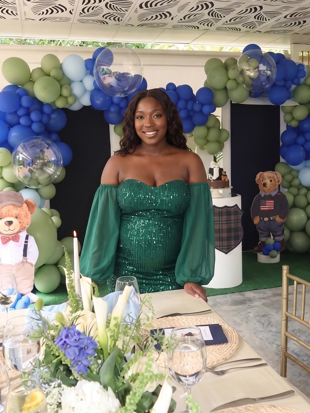 Emerald Green Sequin Off Shoulder Plus Size Maternity Mini Dress with Chiffon Sleeves