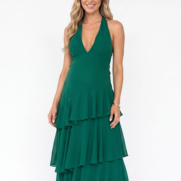 Emerald Green Tiered Ruffle Backless Maternity Maxi Dress