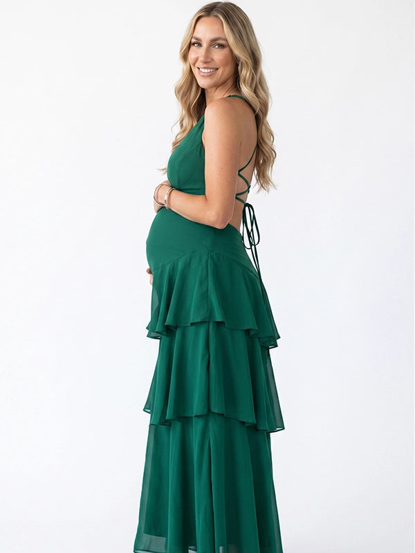 Emerald Green Tiered Ruffle Backless Maternity Maxi Dress
