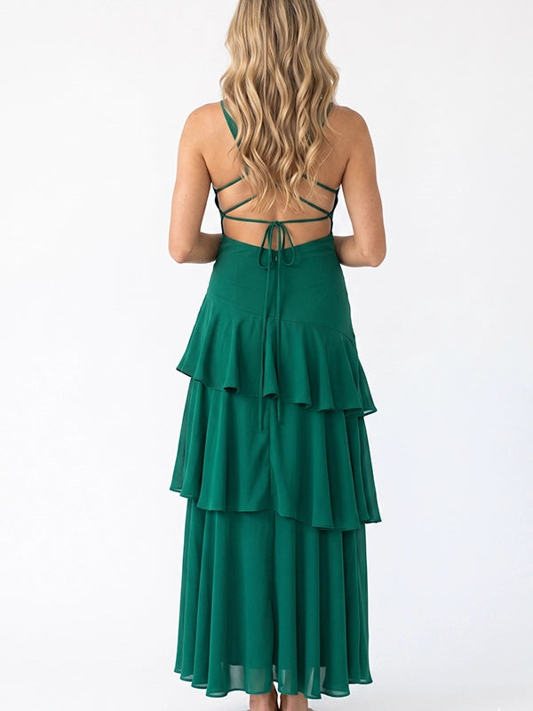 Emerald Green Tiered Ruffle Backless Maternity Maxi Dress