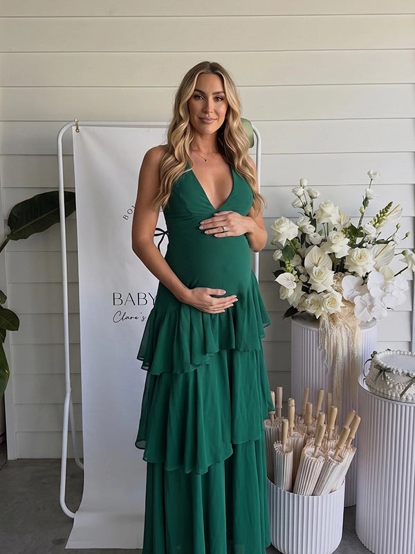 Emerald Green Tiered Ruffle Backless Maternity Maxi Dress