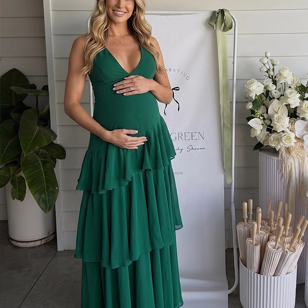 Emerald Green Tiered Ruffle Backless Maternity Maxi Dress