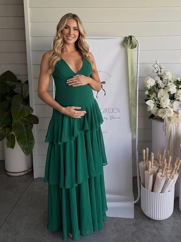 Emerald Green Tiered Ruffle Backless Maternity Maxi Dress