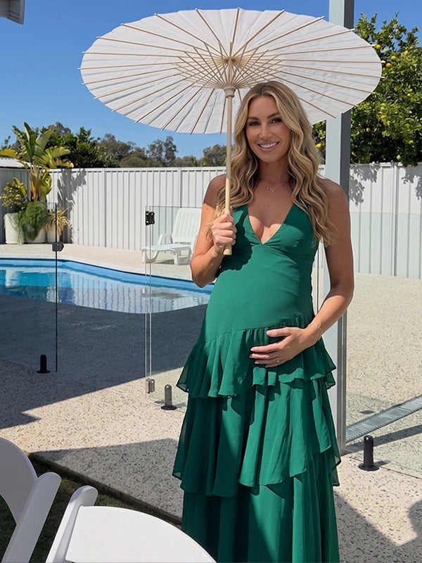 Emerald Green Tiered Ruffle Backless Maternity Maxi Dress
