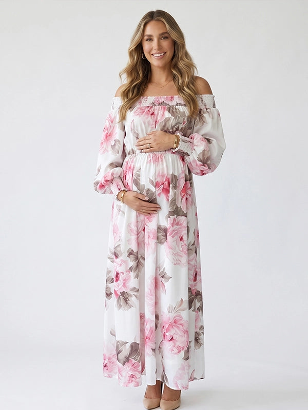Floral Off Shoulder Maternity Maxi Dress — Romantic Peony Print Gown
