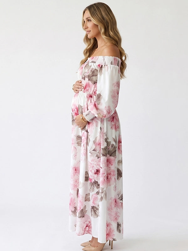 Floral Off Shoulder Maternity Maxi Dress — Romantic Peony Print Gown