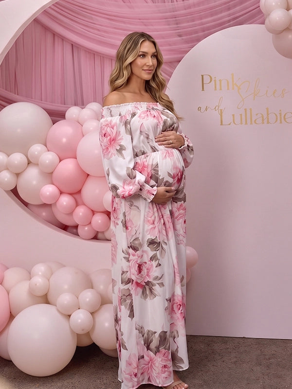 Floral Off Shoulder Maternity Maxi Dress — Romantic Peony Print Gown