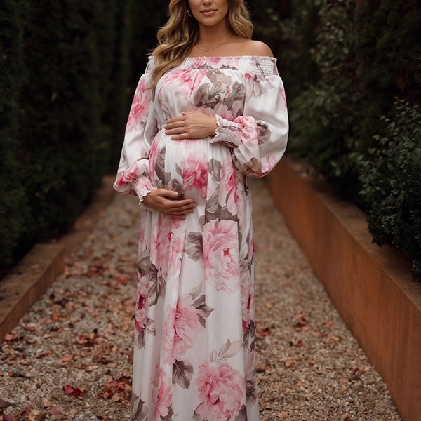 Floral Off Shoulder Maternity Maxi Dress — Romantic Peony Print Gown