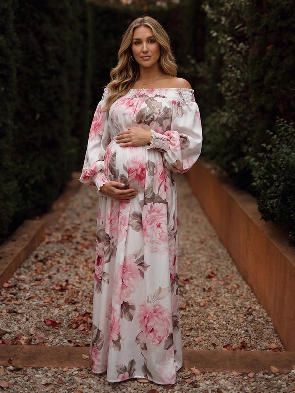 Floral Off Shoulder Maternity Maxi Dress — Romantic Peony Print Gown