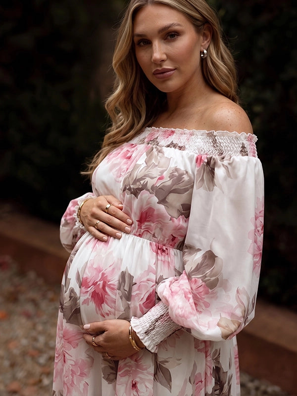 Floral Off Shoulder Maternity Maxi Dress — Romantic Peony Print Gown