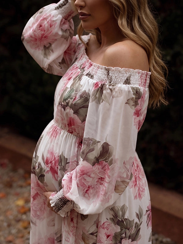 Floral Off Shoulder Maternity Maxi Dress — Romantic Peony Print Gown