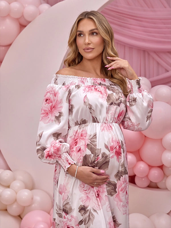 Floral Off Shoulder Maternity Maxi Dress — Romantic Peony Print Gown