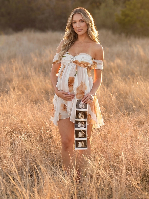 Floral Off Shoulder Ruffled Backless Maternity Mini Dress