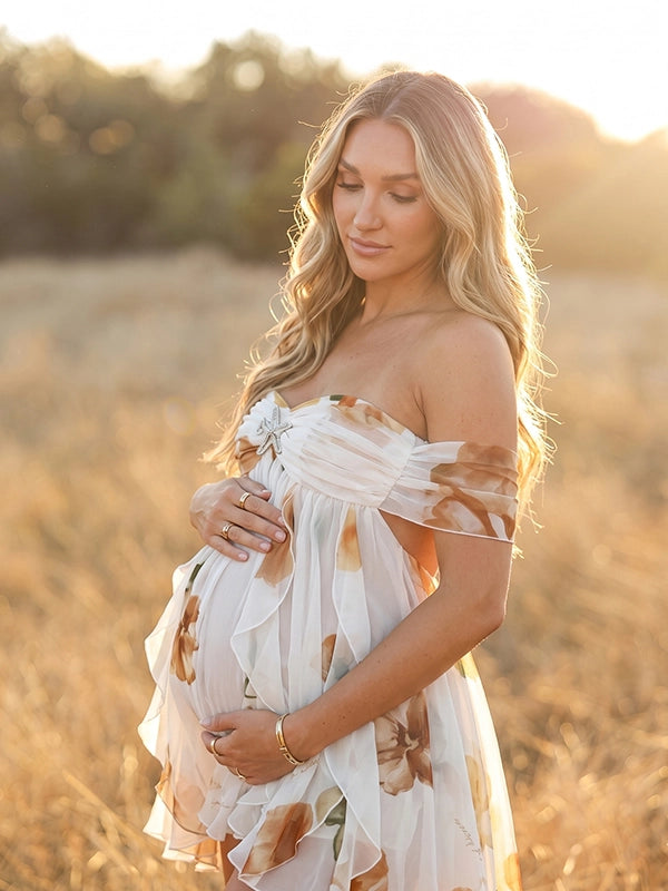 Floral Off Shoulder Ruffled Backless Maternity Mini Dress