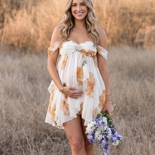 Floral Off Shoulder Ruffled Backless Maternity Mini Dress