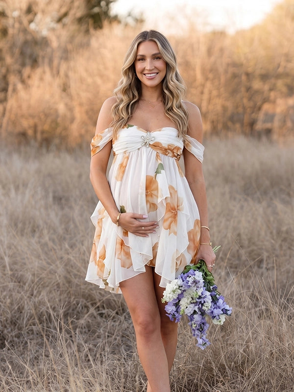 Floral Off Shoulder Ruffled Backless Maternity Mini Dress
