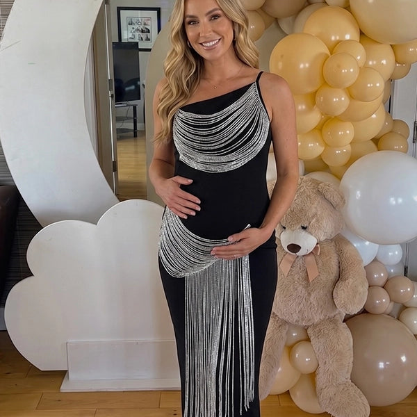 Glamorous Black Silver Fringe One Shoulder Maternity Maxi Gown