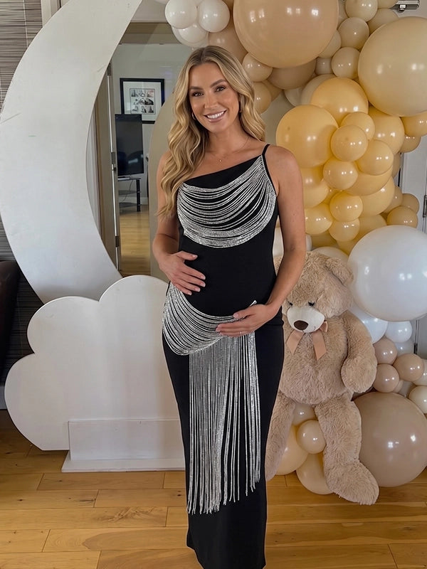 Glamorous Black Silver Fringe One Shoulder Maternity Maxi Gown