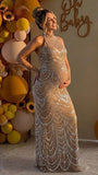 Gold Art Deco Sequin Mock Neck Maternity Maxi Gown