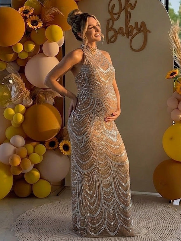Gold Art Deco Sequin Mock Neck Maternity Maxi Gown