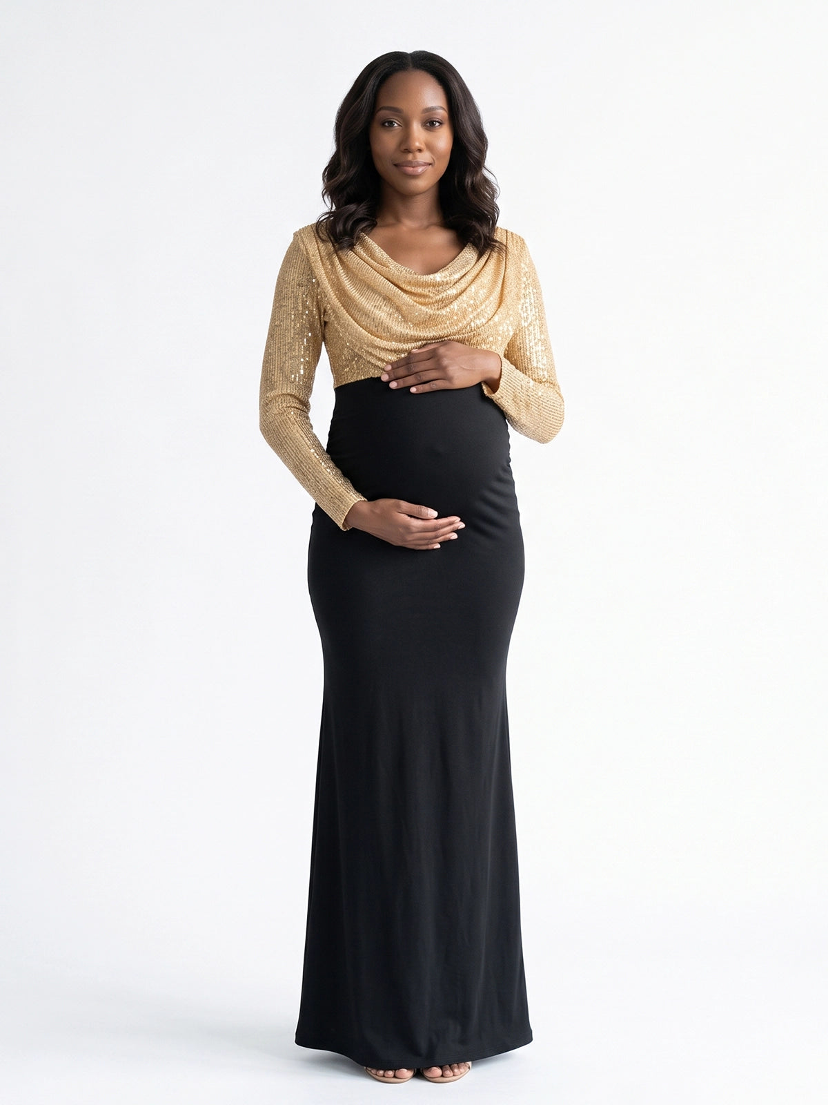 Gold Sequin Cowl Neck Maternity Maxi Dress