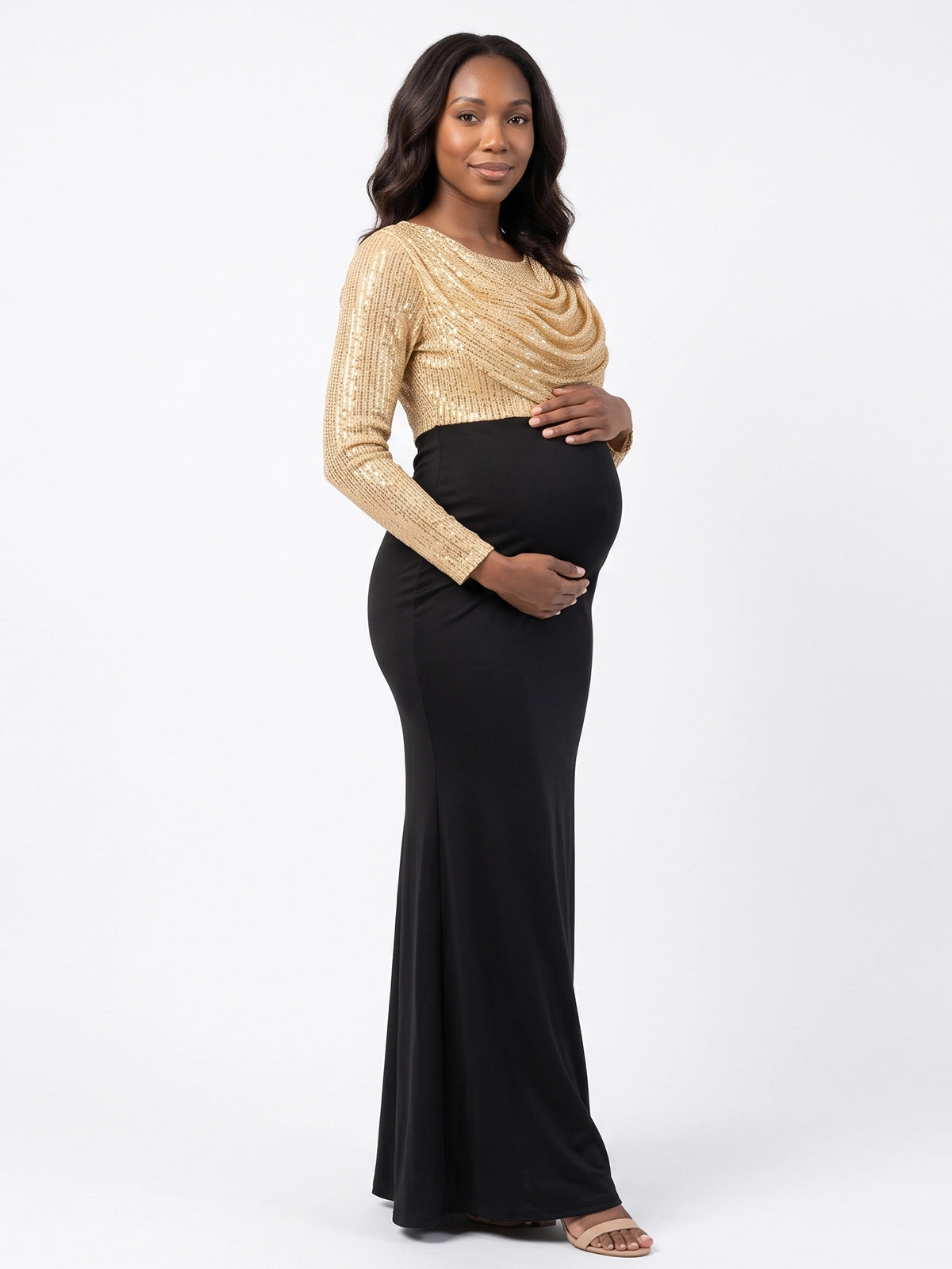 Gold Sequin Cowl Neck Maternity Maxi Dress
