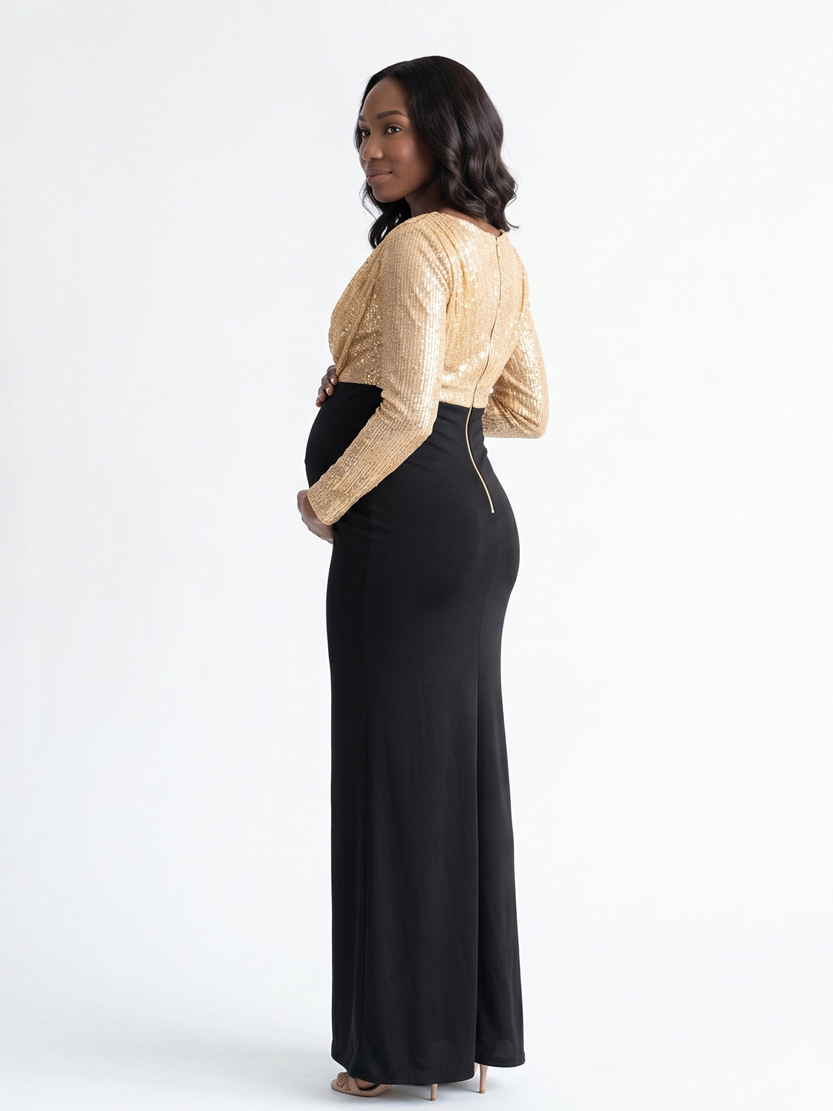 Gold Sequin Cowl Neck Maternity Maxi Dress