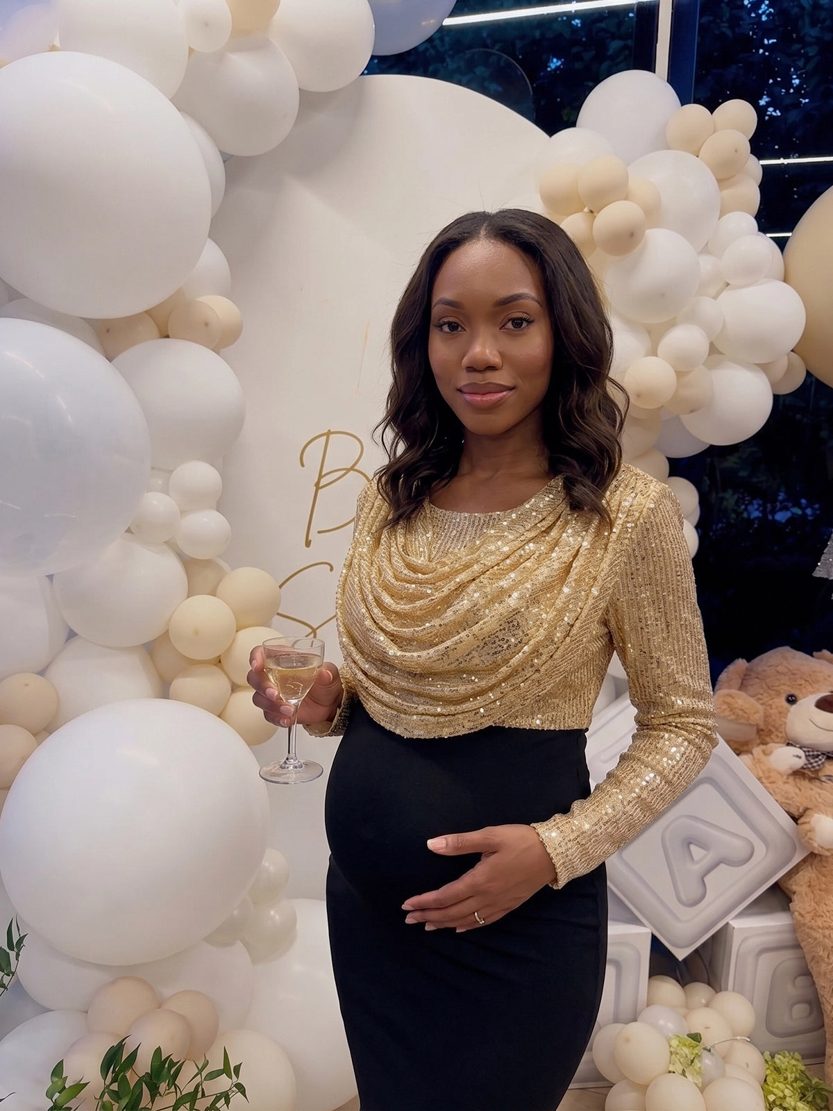 Gold Sequin Cowl Neck Maternity Maxi Dress