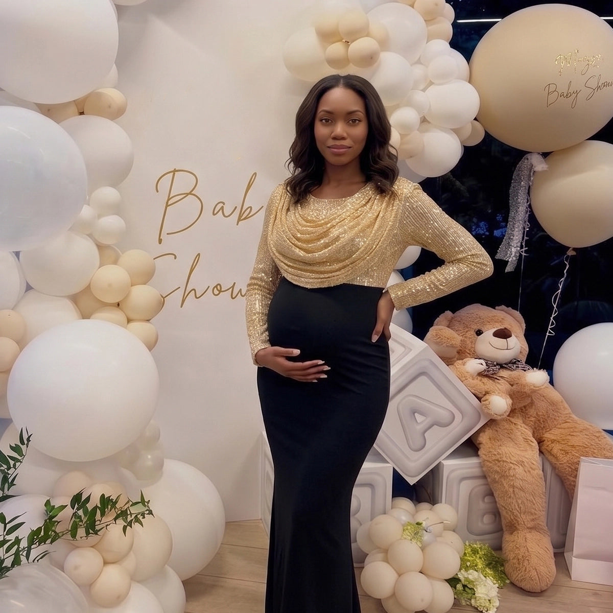 Gold Sequin Cowl Neck Maternity Maxi Dress