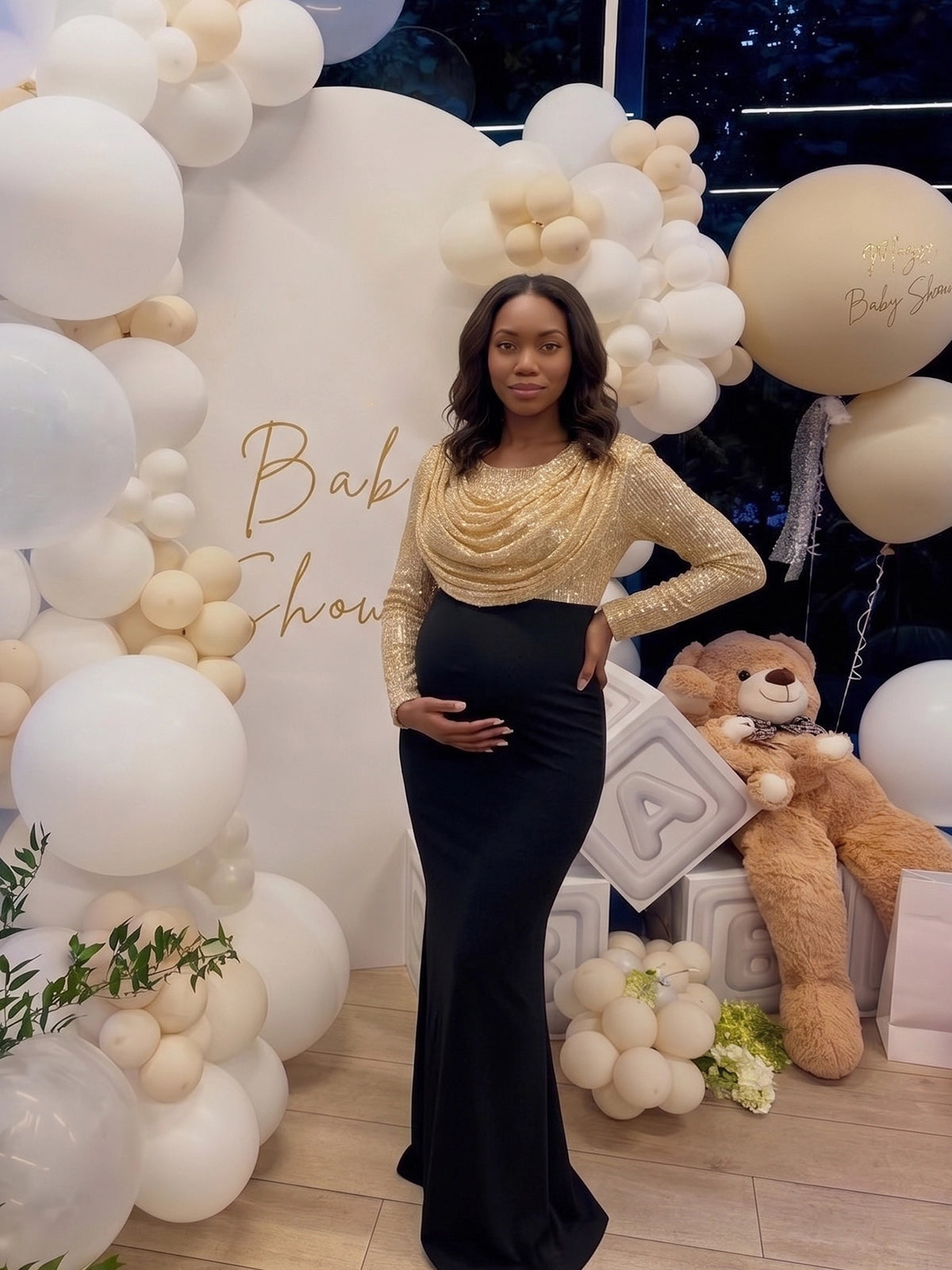 Gold Sequin Cowl Neck Maternity Maxi Dress