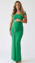 Green Cross-Neck Maternity Maxi Dress – Knit Bodycon Ruched Elegant Gown for Baby Shower