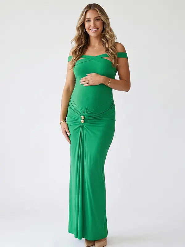 Green Cross-Neck Maternity Maxi Dress – Knit Bodycon Ruched Elegant Gown for Baby Shower