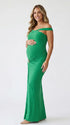 Green Cross-Neck Maternity Maxi Dress – Knit Bodycon Ruched Elegant Gown for Baby Shower
