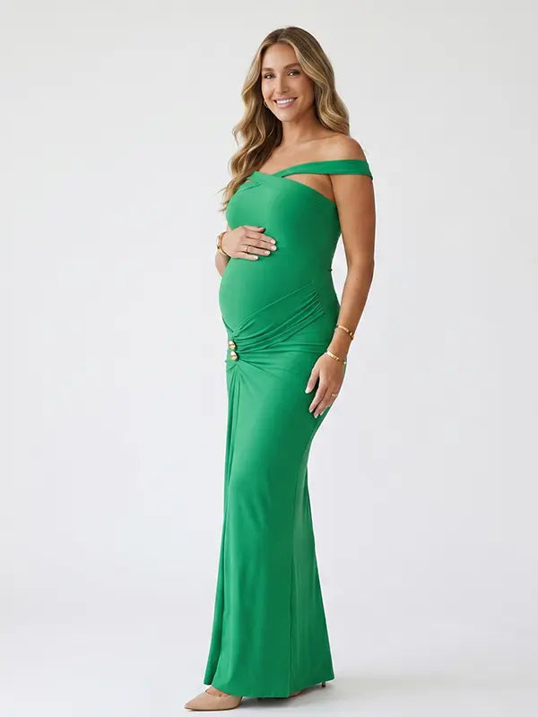 Green Cross-Neck Maternity Maxi Dress – Knit Bodycon Ruched Elegant Gown for Baby Shower