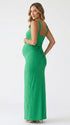 Green Cross-Neck Maternity Maxi Dress – Knit Bodycon Ruched Elegant Gown for Baby Shower