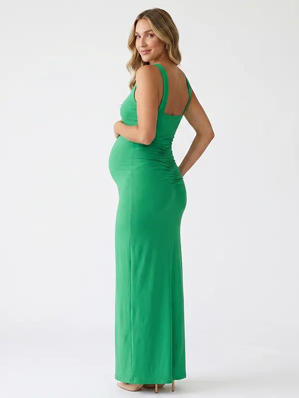 Green Cross-Neck Bodycon Maternity Maxi Dress