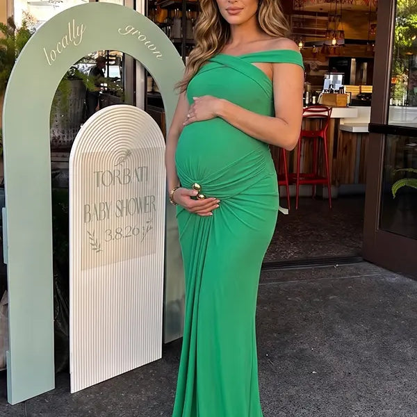 Green Cross-Neck Maternity Maxi Dress – Knit Bodycon Ruched Elegant Gown for Baby Shower