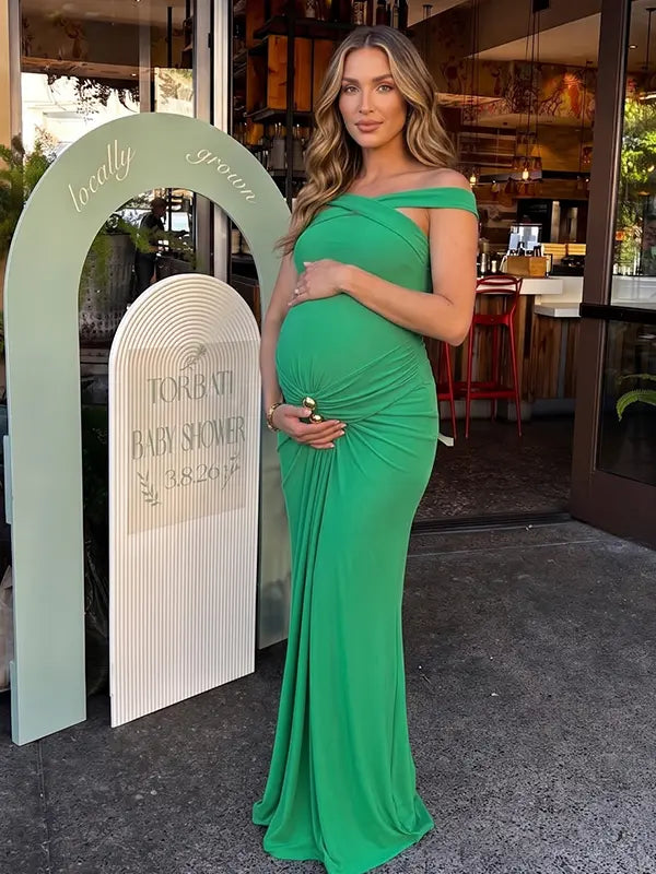 Green Cross-Neck Maternity Maxi Dress – Knit Bodycon Ruched Elegant Gown for Baby Shower