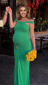 Green Cross-Neck Maternity Maxi Dress – Knit Bodycon Ruched Elegant Gown for Baby Shower