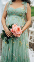 Green Floral Tulle Maternity Maxi Dress – Embroidered Baby Shower Gown